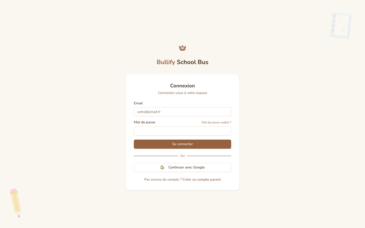 Page de connexion / création de compte